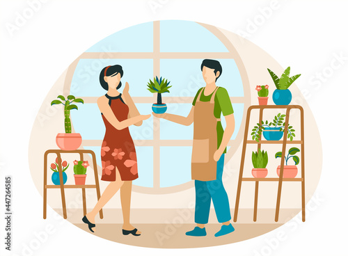 Man gives houseplant to girl. Male character in an apron giving decorative flower to joyful woman. Racks with interior exotic plants and round wide window. Vector flat illustration