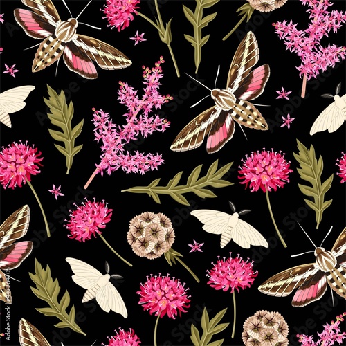 Vector seamless pattern with moth and flowers