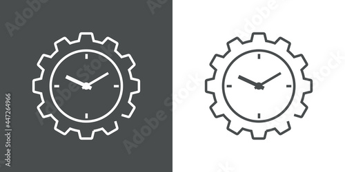 Icono plano engranaje con esfera de reloj con lineas en fondo gris y fondo blanco