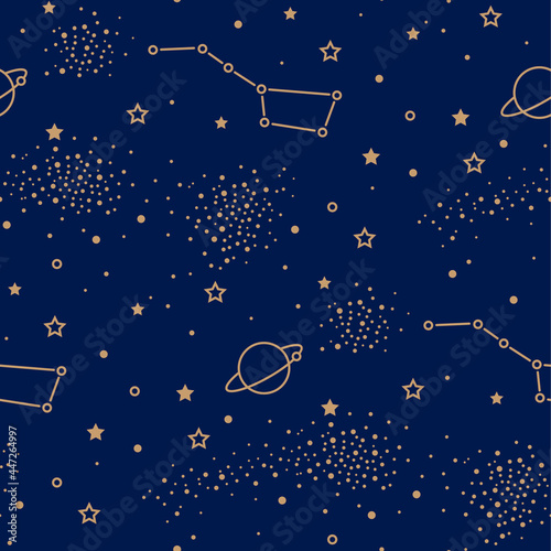 Seamless pattern with magic night sky. Gold planet, stars and constellations on a dark blue background. Ursa Major in space.