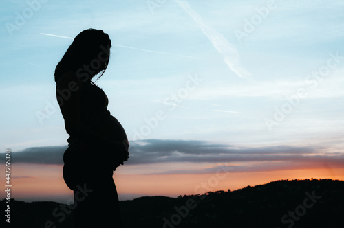 silhouette of a pregnant girl with a sunset background