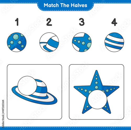 Match the halves. Match halves of Summer Hat and Starfish. Educational children game, printable worksheet, vector illustration