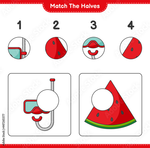 Match the halves. Match halves of Watermelon and Scuba Diving Mask. Educational children game, printable worksheet, vector illustration