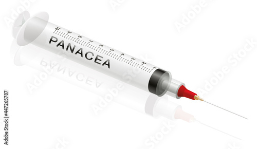 Panacea syringe, a medical universal remedy fake product to promise miracle cure, assured health or other wonders concerning healing issues. Vector illustration.

