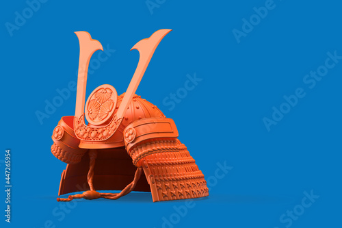 Quadro su tela Pink Samurai helmet on blue background. 3D illustration
