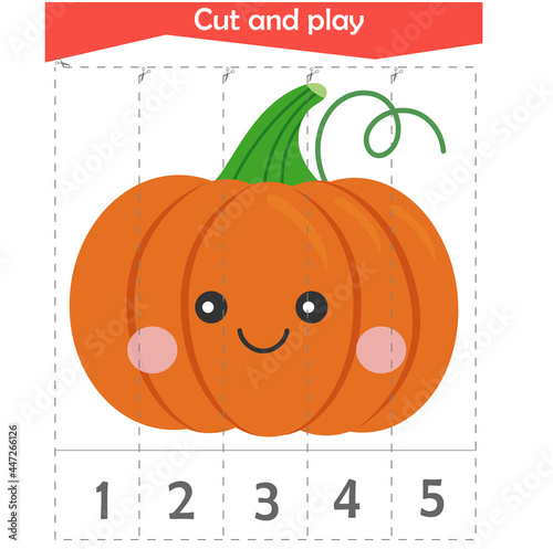  Math puzzle for children. We cut and play. Counting to 5. Pumpkin