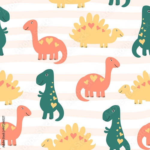 Fototapeta Naklejka Na Ścianę i Meble -  Seamless kids pattern Dinosaurs with heart on pink striped backdrop. Vector children background.