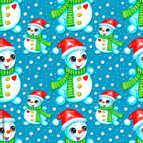 Snowmen pattern on a blue background. Snowman with red cap