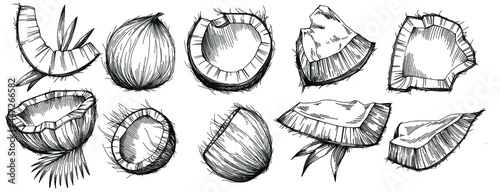 Vector coconut hand drawn Sketch. Vector tropical food illustration. Vintage style. The best for design logo, menu, label, icon, stamp.