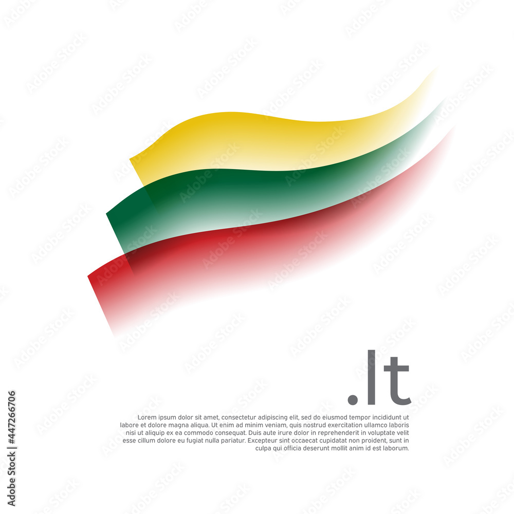 Obraz premium Lithuania flag watercolor. Stripes colors of lithuanian flag on white background. Vector stylized design national poster with .lt domain, place for text. State patriotic banner of lithuania, cover