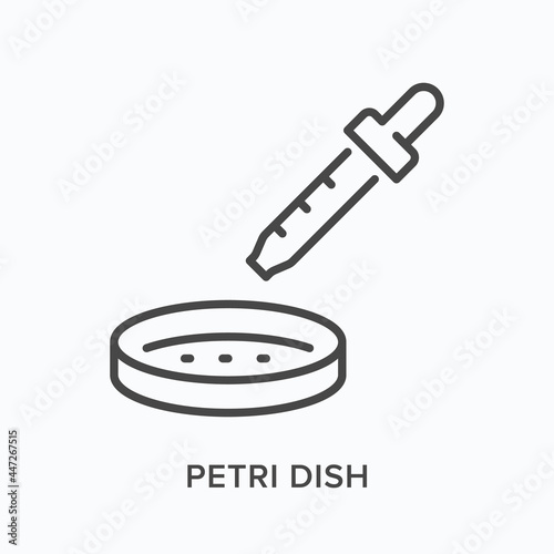 Petri dish and pipette flat line icon. Vector outline illustration of microbiology. Black thin linear pictogram for laboratory equipment