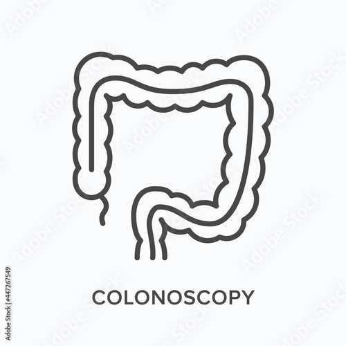 Colonoscopy flat line icon. Vector outline illustration of digestive system. Black thin linear pictogram for endoscope research photo