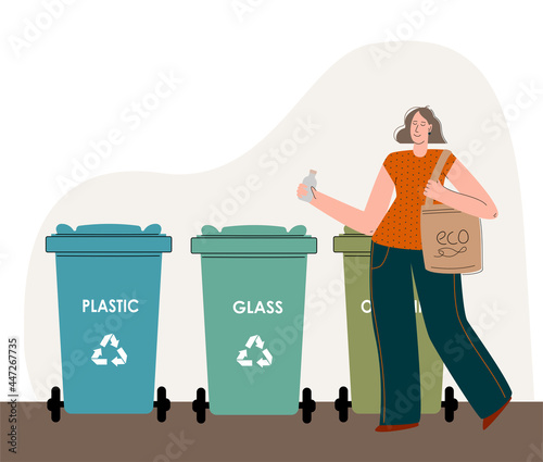 A girl who cares about the environment, sorts the trash and throws it into the trash can for recycling and reuse. A woman uses her reusable shopping bag and her drink glass. Plastic recycling. 