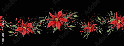 Seamless floral frame  border. realistic holiday flowers made of poinsettia  Holly. modern hand-drawn winter flowers in the style of realism. art decor for print  your ideas.