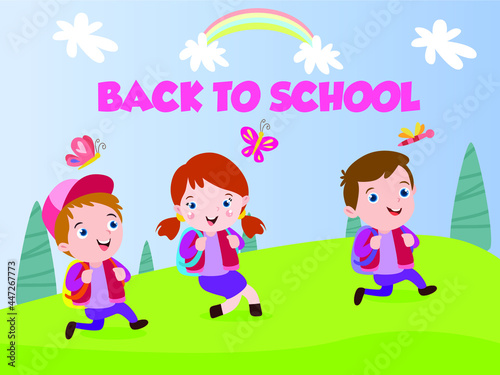 Happy children walking to school cartoon 2d vector concept for banner  website  illustration  landing page  flyer  etc.