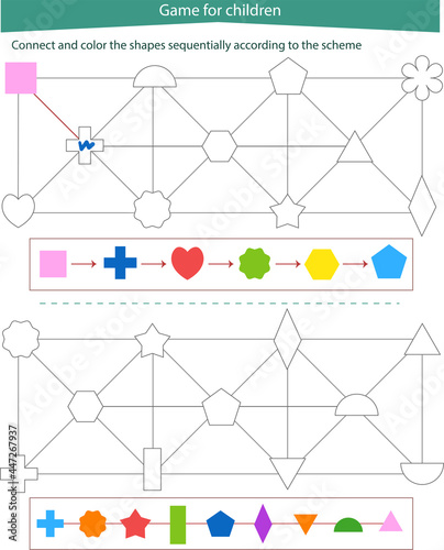  Logic game for children. Connect and color the shapes according to the diagram. 