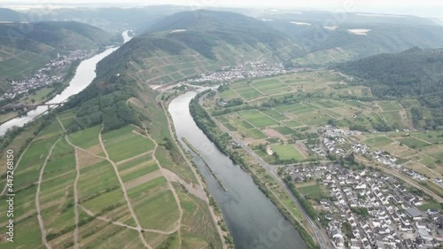 DLOG flat Drone aerial view Mosel Valley in Rheinland Pfalz, vineyards, river and castles photo