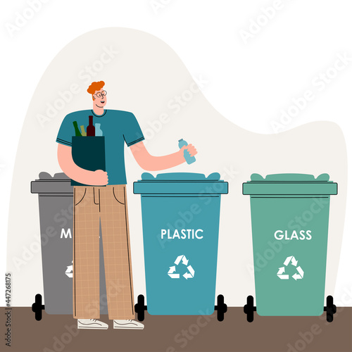 A man who cares about the environment sorts the garbage and throws the garbage into the trash can for recycling and reuse. Recycling of plastics. Zero waste concept. A group of people sorting trash. 