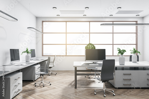 White office interior with panoramic window and bright daytime city view, furniture and equipment. 3D Rendering.