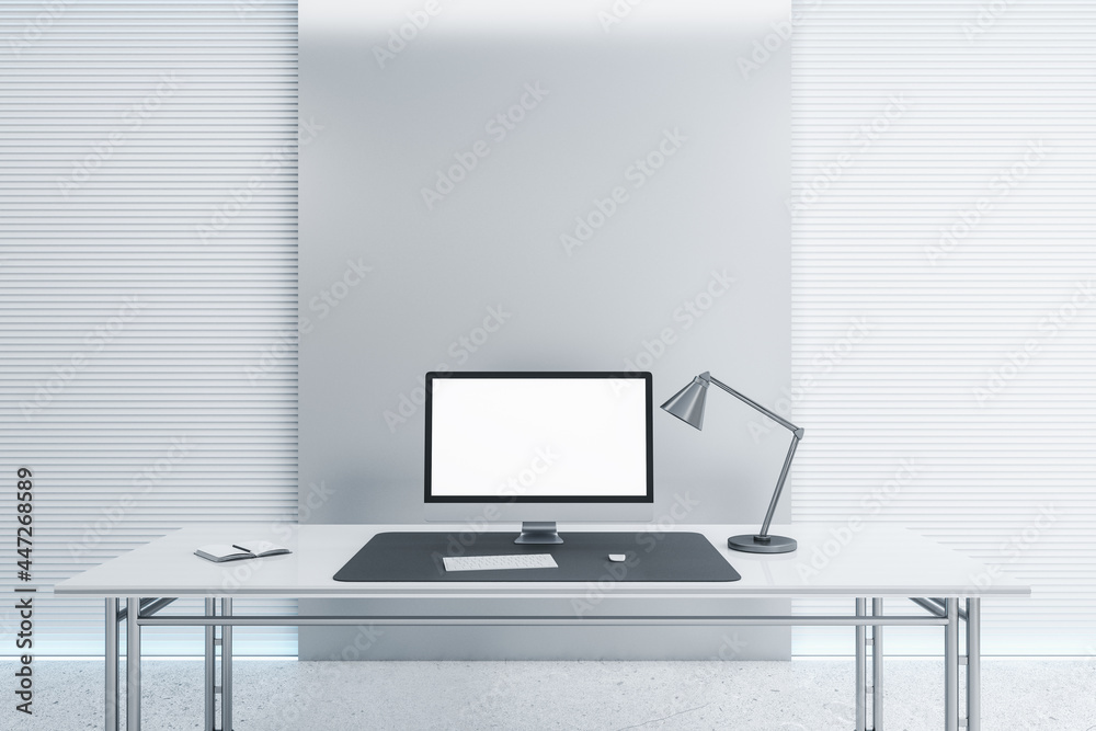 Desk with empty computer monitor in modern white office interior with daylight. Mock up, 3D Rendering. Desk with empty computer monitor in modern white office interior with daylight. Mock up, 3D Rendering.