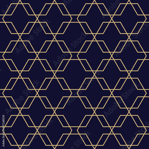 The geometric pattern with lines. Seamless vector background. Blue-black and gold texture. Graphic modern pattern. Simple lattice graphic design.