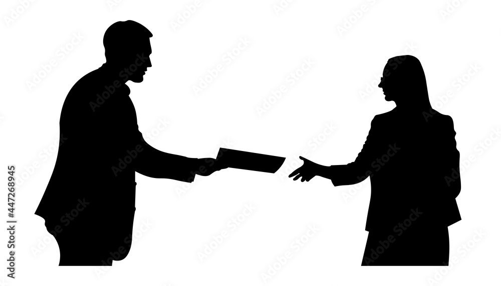 silhouette business man giving documents to a female character vector illustration