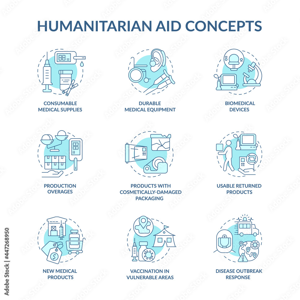 Humanitarian aid review concept icons set. Disease outbreak response and consumble medical supplies idea thin line color illustrations. Vector isolated outline drawings. Editable stroke