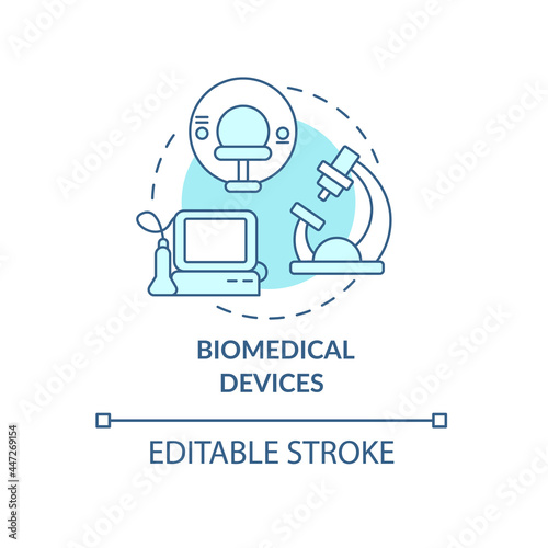 Biomedical devices concept icon. Humanitarian functional aid stuff and technological product equipment abstract idea thin line illustration. Vector isolated outline color drawing. Editable stroke