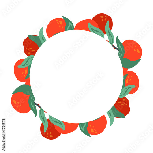 Round frame with nectarine, foliage, stems and place for text. Circle border with summer cartoon sweet berries for the menu. Vector flat template with fruits, leaves and copy space for cards