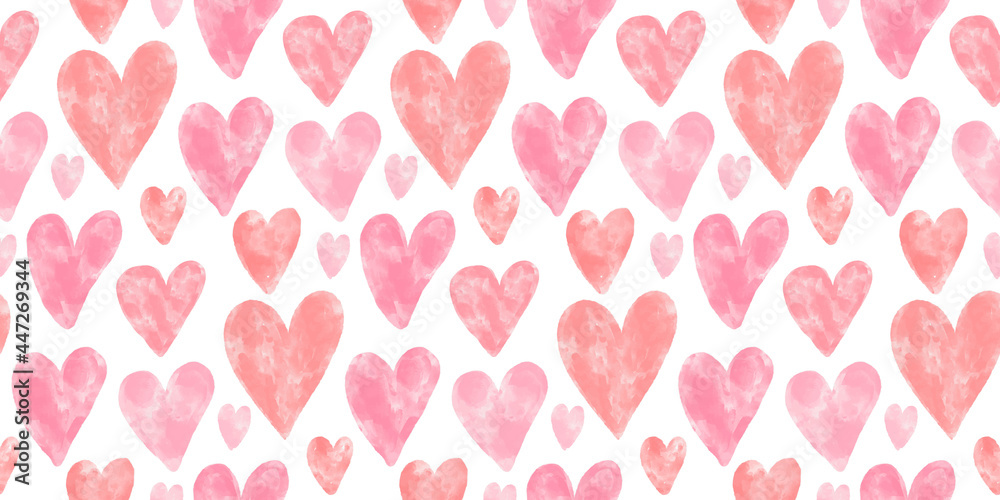 Pink watercolor textured hearts seamless pattern on white background. Romantic vector backdrop for Valentines day, wedding invitation. Sweet delicate texture, fabric, textile, retro wallpaper.