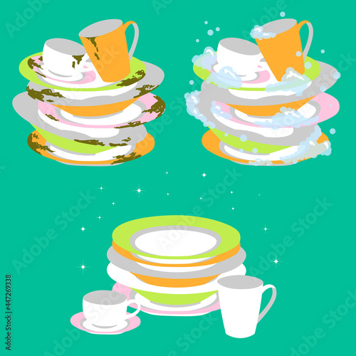 Dishes dirty clean and with foam plates cup and mug isolated flat illustration