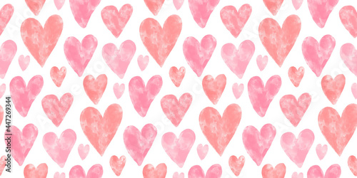 Pink watercolor textured hearts seamless pattern on white background. Romantic vector backdrop for Valentines day, wedding invitation. Sweet delicate texture, fabric, textile, retro wallpaper.