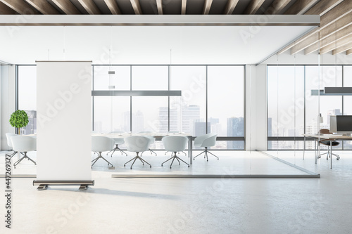 Modern wooden coworking meeting room interior with city view, empty mock up banner, daylight, furniture and equipment. Design concept. 3D Rendering.