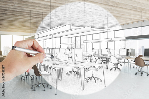 Creative hand drawn coworking meeting room interior with daylight, furniture and equipment. Design, refurbishment, repairs and project concept. 3D Rendering. photo