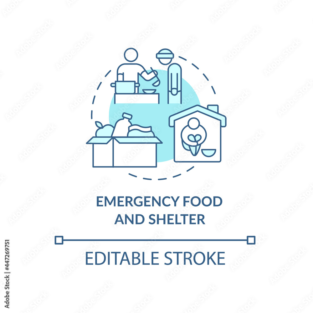 Emergency food and shelter program concept icon. Humanitarian aid and nutrition in emergency abstract idea thin line illustration. Vector isolated outline color drawing. Editable stroke