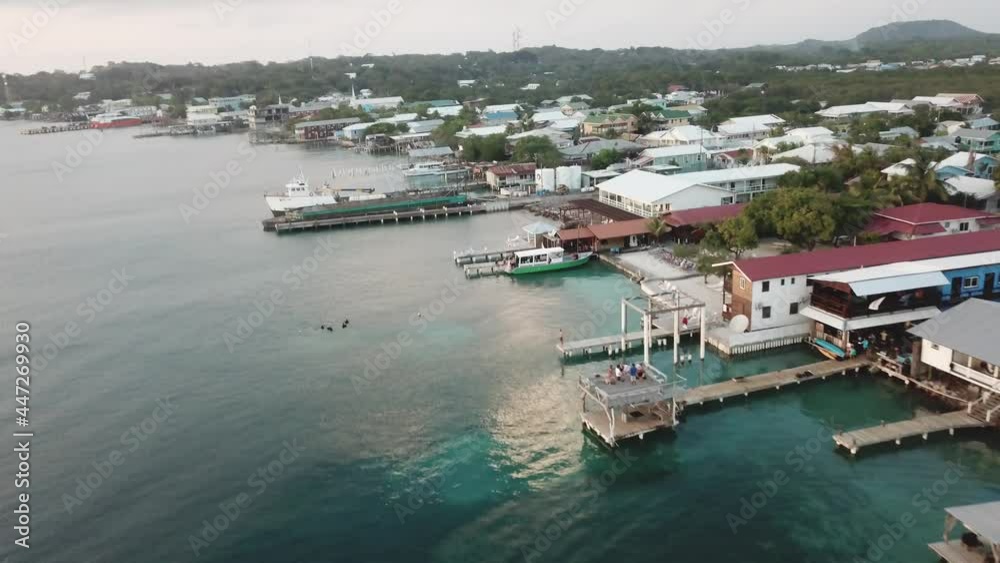 DLOG Flat Aerial drone view of the beachs, jungle, crystal clear water and coral reefs of Honduras Barrier Reef and tropical island of Utila DLOG Flat Aerial drone view of the beachs, jungle, crystal clear water and coral reefs of Honduras Barrier Reef and tropical island of Utila