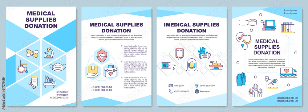 Medical and imedical supplies donation brochure template. Flyer, booklet, leaflet print, cover design with linear icons. Vector layouts for presentation, annual reports, advertisement pages