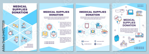 Medical and imedical supplies donation brochure template. Flyer, booklet, leaflet print, cover design with linear icons. Vector layouts for presentation, annual reports, advertisement pages