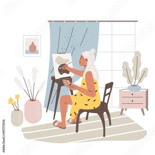 Female artist painting picture at home. Painter drawing on canvas on easel. Person with creative hobby. Inspired woman creating artwork. Colored flat vector illustration isolated on white background.