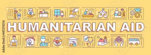 Humanitarian aid word concepts banner. Charity and donation in emergency. Infographics with linear icons on orange background. Isolated creative typography. Vector outline color illustration with text