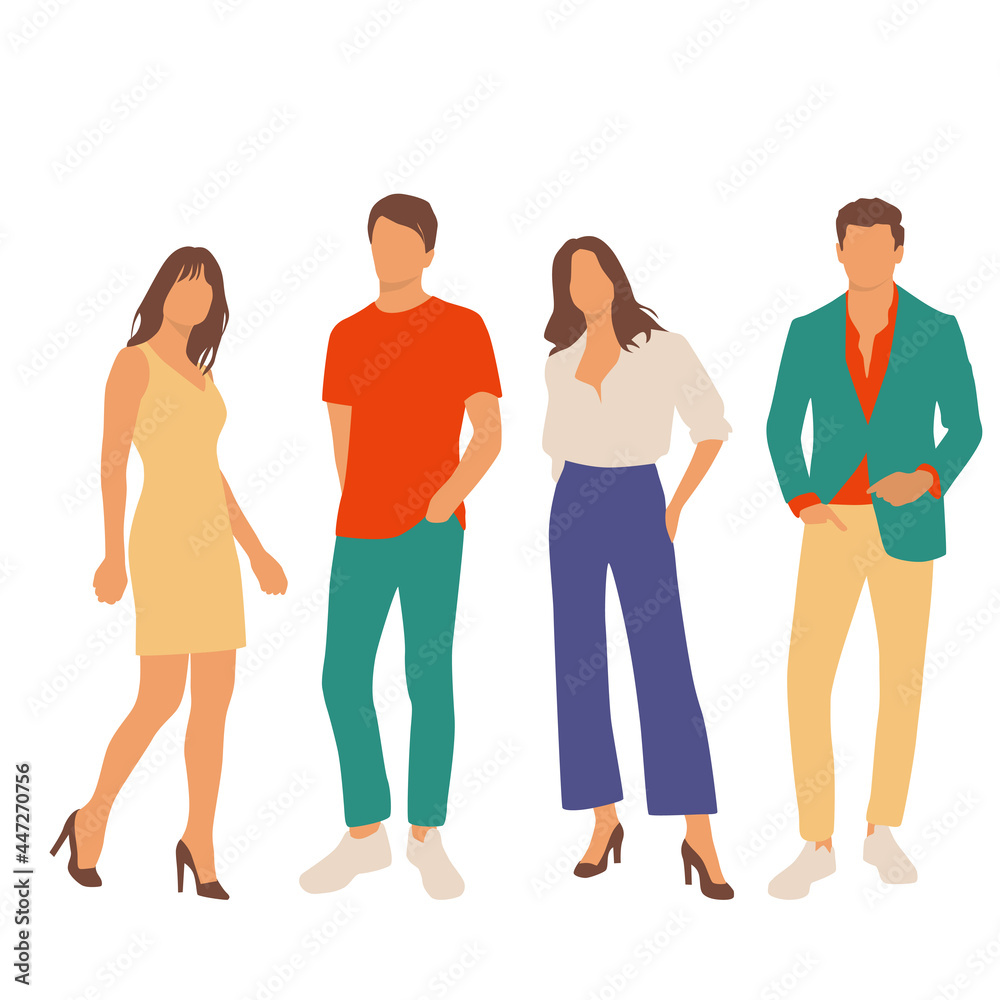 Obraz premium Set of young men and women, different colors, cartoon character, group of silhouettes of standing business people, students, the design concept of flat icon, isolated on white background