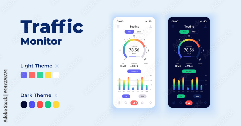 Traffic monitor cartoon smartphone interface vector templates set. Mobile app screen page day and dark mode design. Analyzing network performance UI for application. Phone display with flat character
