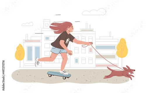 Happy teenager riding skateboard. Teen skateboarder with cute dog on summer holidays. Active person on skate board on city street. Colored flat vector illustration isolated on white background.