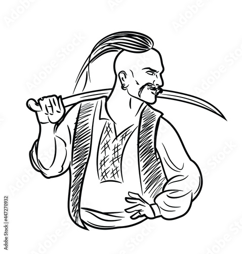 Ukrainian Cossack ( Kozak) with a saber, vector freehand drawing 
