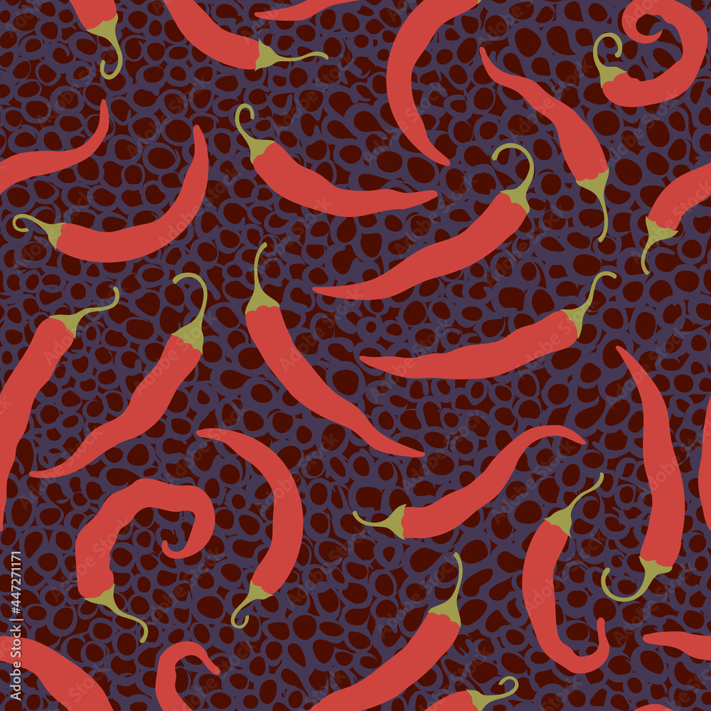 Fototapeta premium Peppers on a dark red background. Seamless background