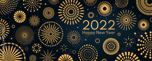 Golden fireworks 2022 Happy New Year, bright on dark background, with text. Flat style vector illustration. Abstract geometric design. Concept for holiday greeting card, poster, banner, flyer.