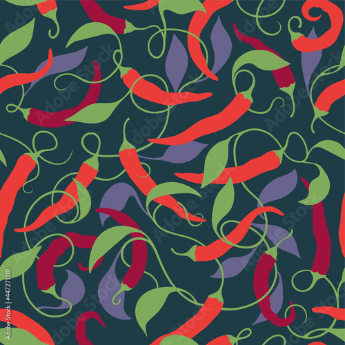 Oriental patterns in the shape of peppers. Intertwined patterned peppers with leaves. Seamless background