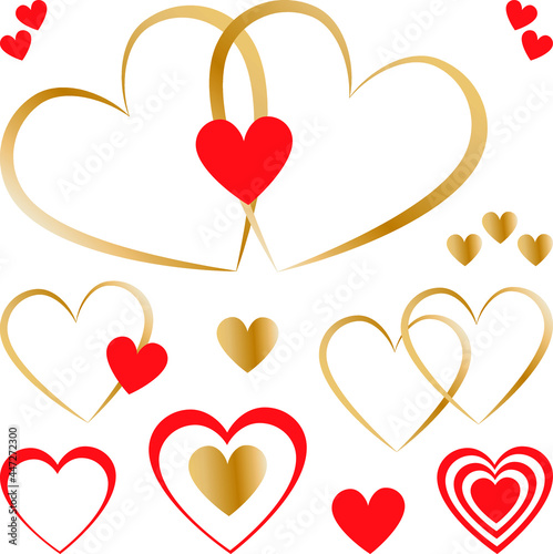 Set of golden and red hearts isolated on white background, clipart, elegant design elements
