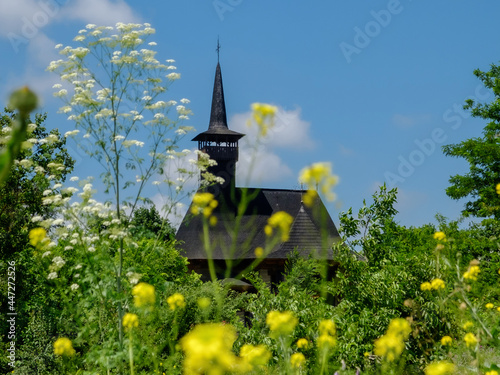 old wooden church surrounded by tall grasses and flowers photo