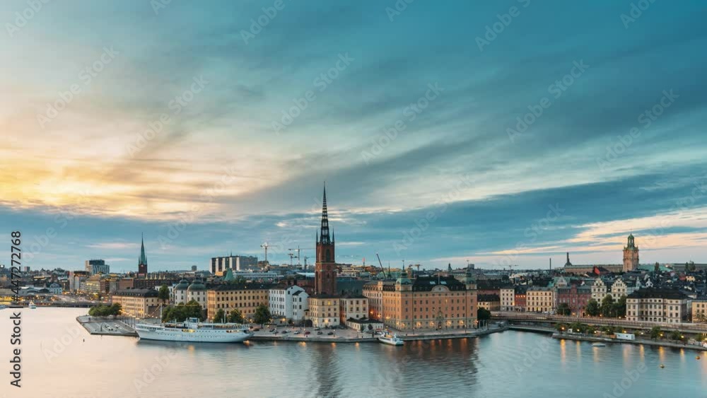 Stockholm, Sweden. Scenic Famous View Of Embankment In Old Town Of Stockholm At Summer. Gamla Stan In Summer Evening. Famous Popular Destination Scenic Place And UNESCO World Heritage Site Stockholm, Sweden. Scenic Famous View Of Embankment In Old Town Of Stockholm At Summer. Gamla Stan In Summer Evening. Famous Popular Destination Scenic Place And UNESCO World Heritage Site